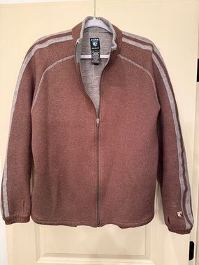 Kuhl Men's Full-Zip Sweater Jacket in Rust with Light Gray Stripes